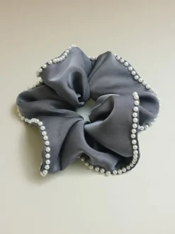 Beaded Edge Scrunchie Dark Grey